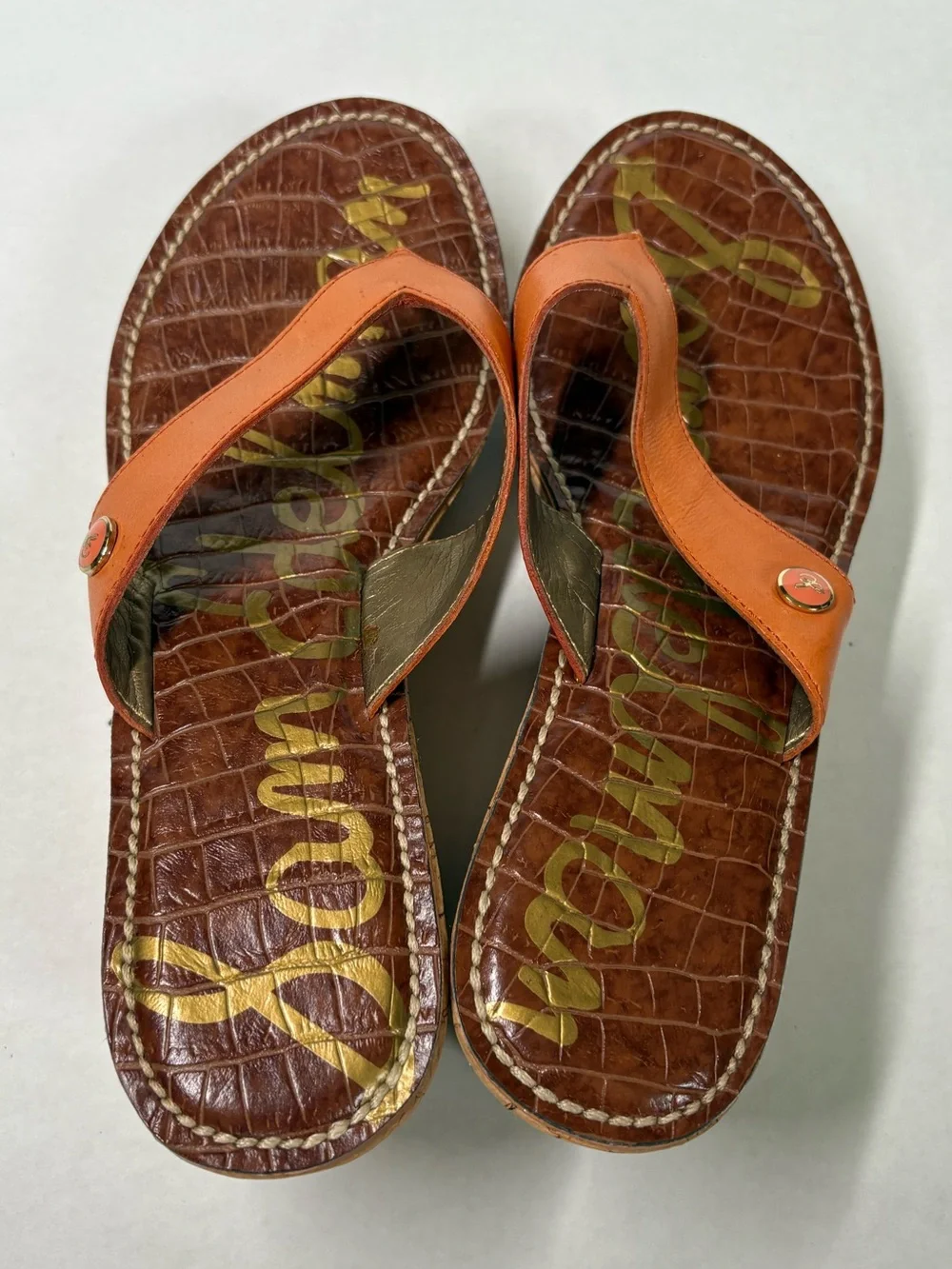 Sam Edelman Romy Croc Print Cork Wedge Thong Sandal US 7.5 Orange